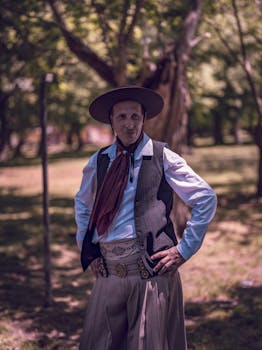 A traditional gaucho poses with cultural attire in Chascomús, Argentina.