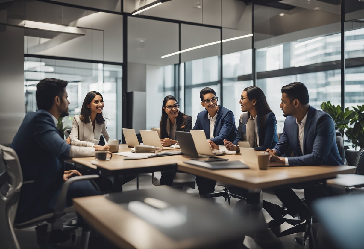 Un grupo de profesionales mexicanos colaborando en un entorno de oficina moderna, involucrados en actividades productivas e innovadoras.