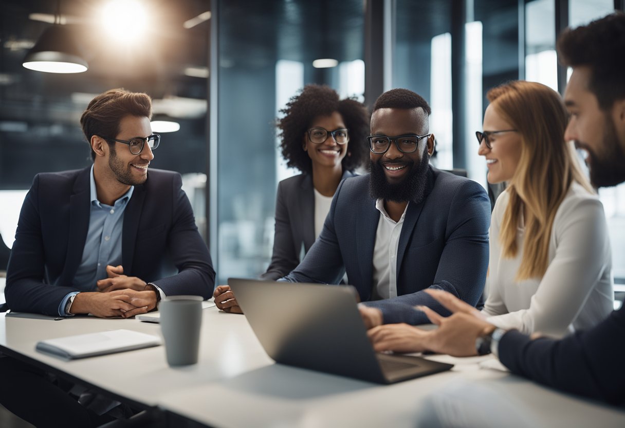 Un grupo de profesionales diversos colaborando en un espacio de oficina moderno, intercambiando ideas y haciendo una lluvia de ideas en un entorno dinámico y creativo.