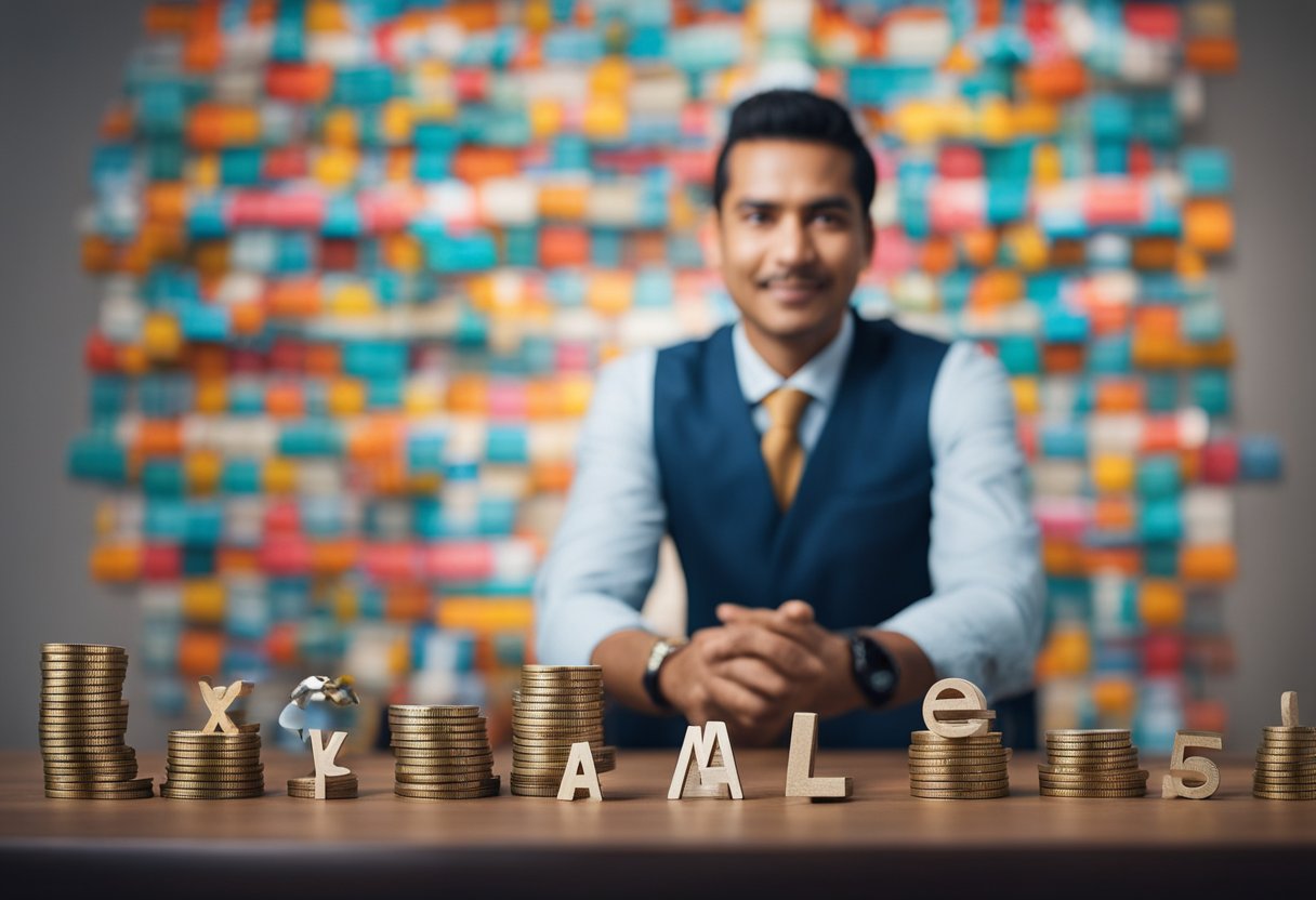 Un profesional mexicano que equilibra el trabajo y la vida personal, rodeado de símbolos de éxito y realización.
