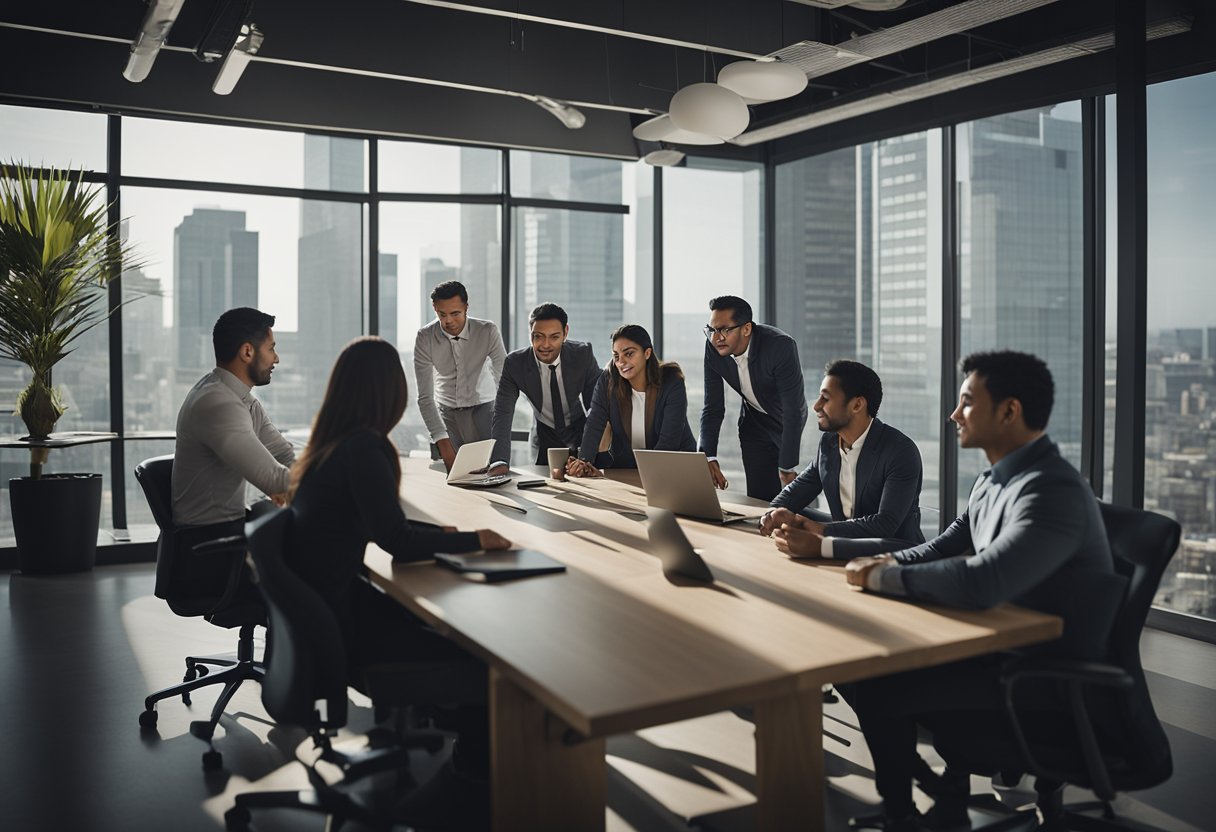 Un grupo de profesionales mexicanos colaborando en un entorno de oficina moderno, participando en un trabajo en equipo productivo y utilizando tecnología.