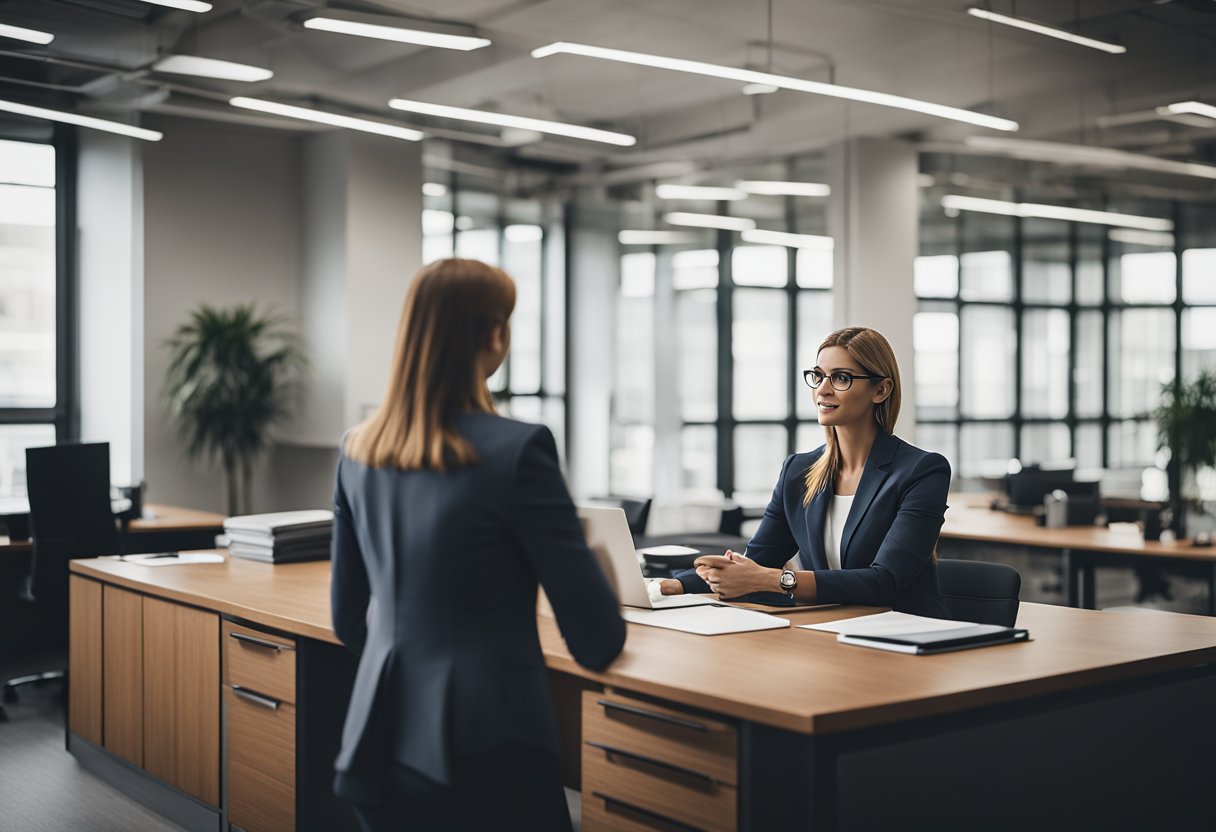 Una persona de pie con confianza en una oficina, hablando con su supervisor con una actitud tranquila y asertiva, mientras gesticula hacia un documento o presentación en un escritorio.