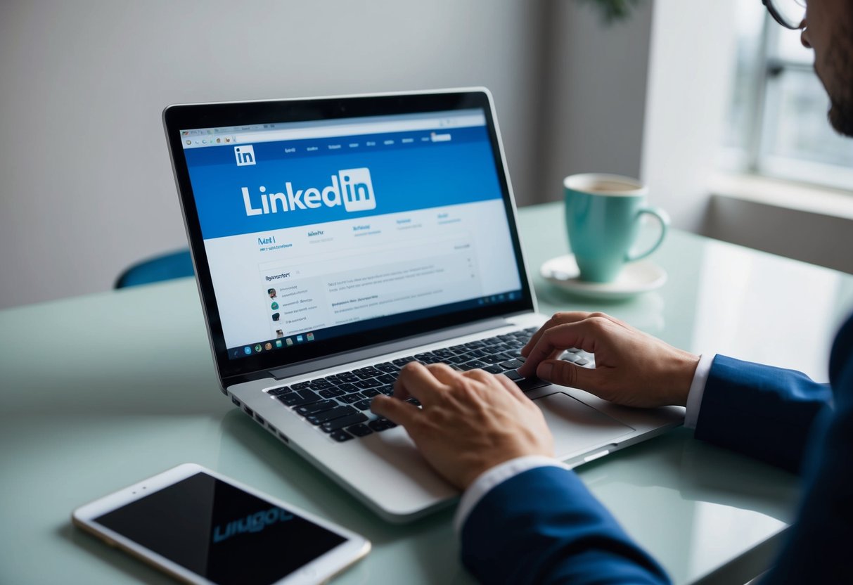 Una persona sentada en un escritorio con una computadora portátil abierta, escribiendo en el teclado mientras mira la página de inicio de LinkedIn en la pantalla.