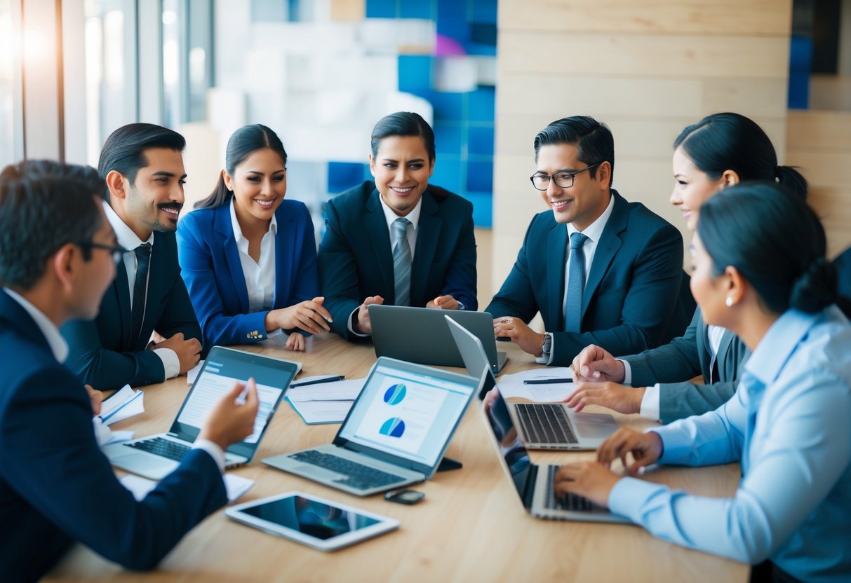 Un grupo de profesionales de diferentes industrias en México participando en la resolución colaborativa de problemas y la comunicación efectiva, mostrando la importancia de las habilidades blandas en el lugar de trabajo.