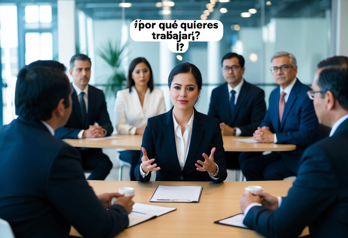 Una persona sentada en una entrevista de trabajo en México, rodeada por un panel de entrevistadores, respondiendo a la pregunta "¿Por qué quieres trabajar aquí?"